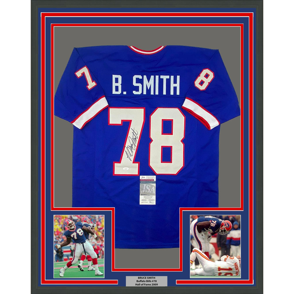 Framed Autographed/Signed Bruce Smith 35x39 Buffalo Blue Football Jersey JSA COA