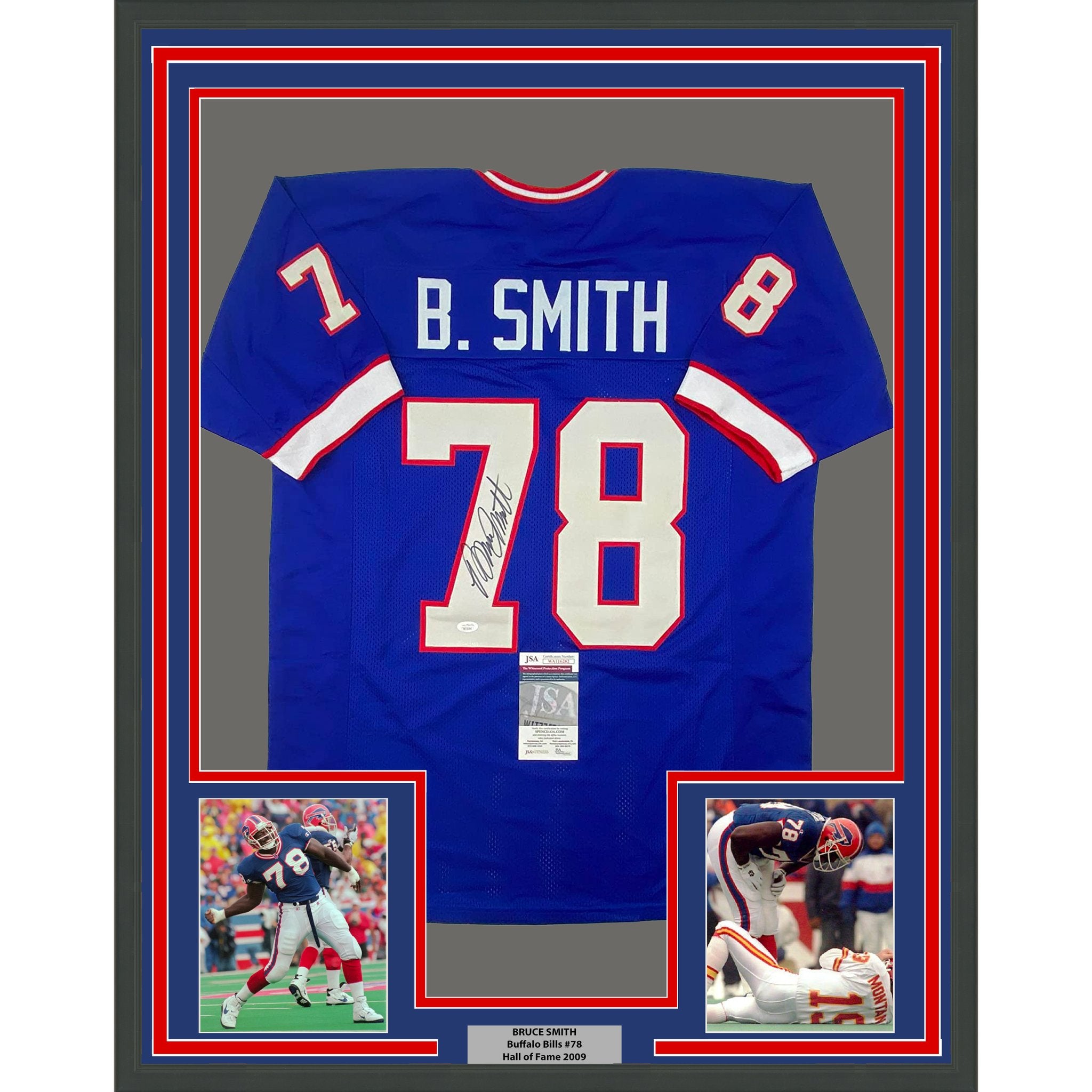 Framed Autographed/Signed Bruce Smith 35x39 Buffalo Blue Football Jersey JSA COA