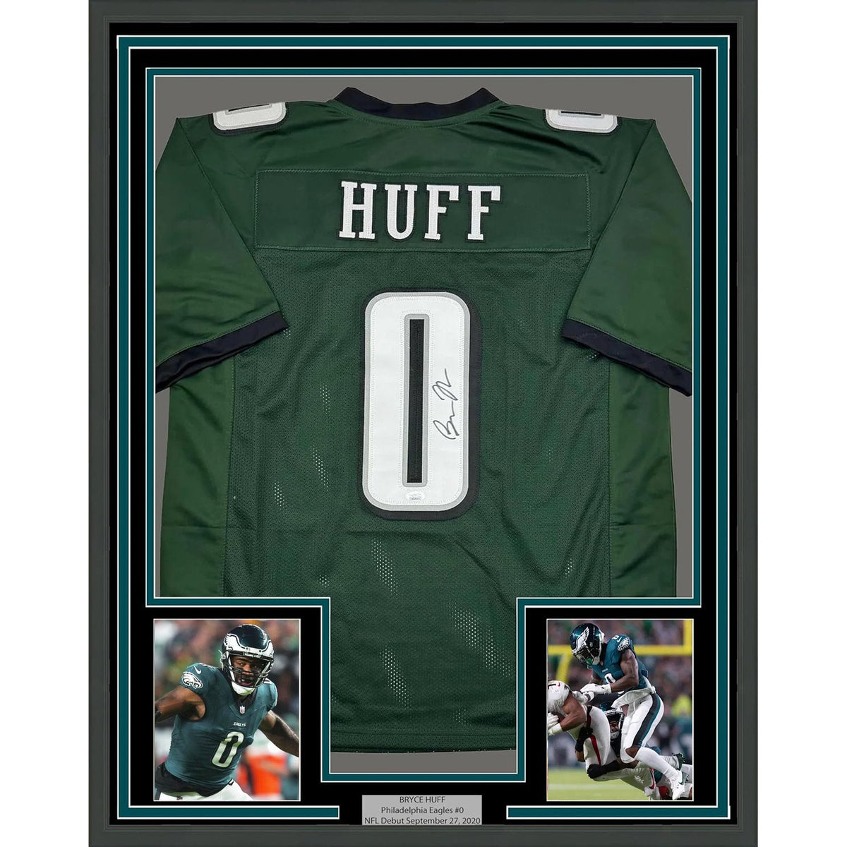 Framed Autographed/Signed Bryce Huff 35x39 Philadelphia Green Football Jersey JSA COA