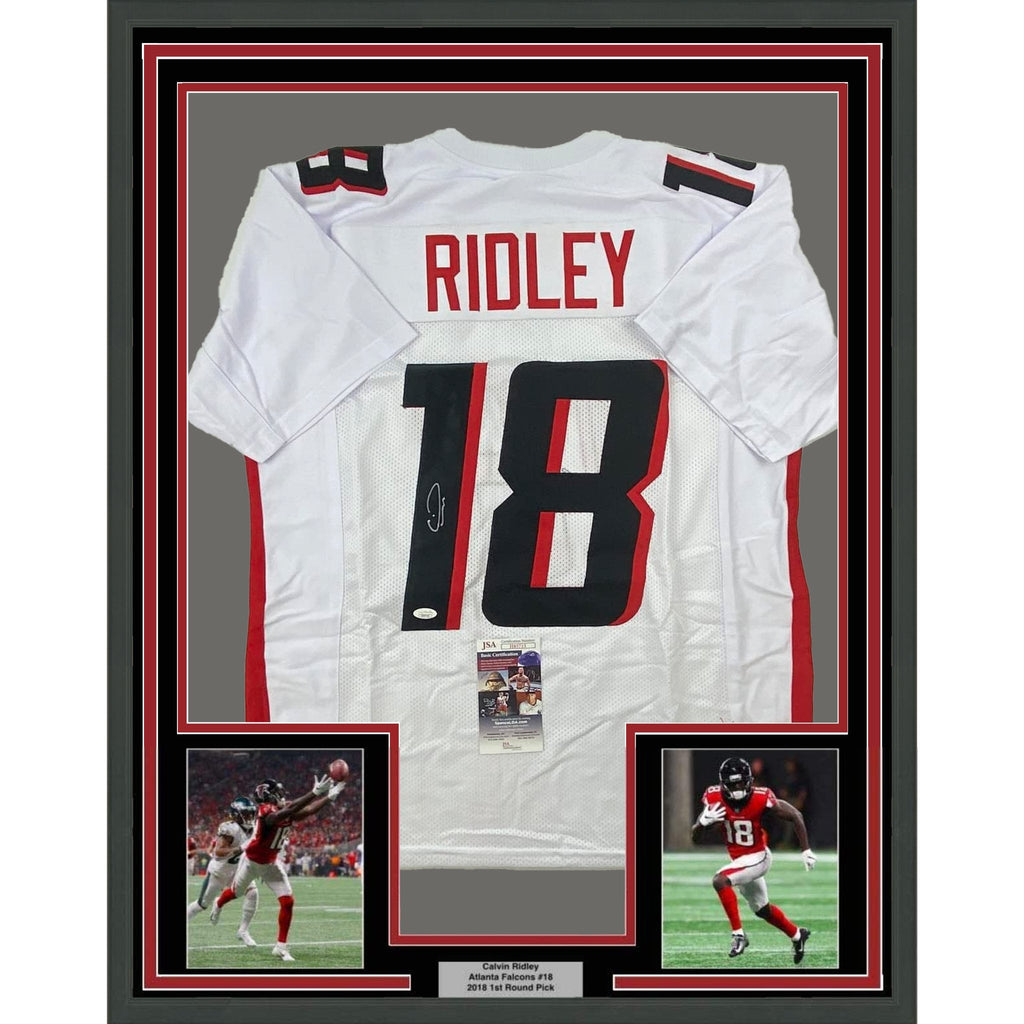 Framed Autographed/Signed Calvin Ridley 35x39 Atlanta White Football Jersey JSA COA