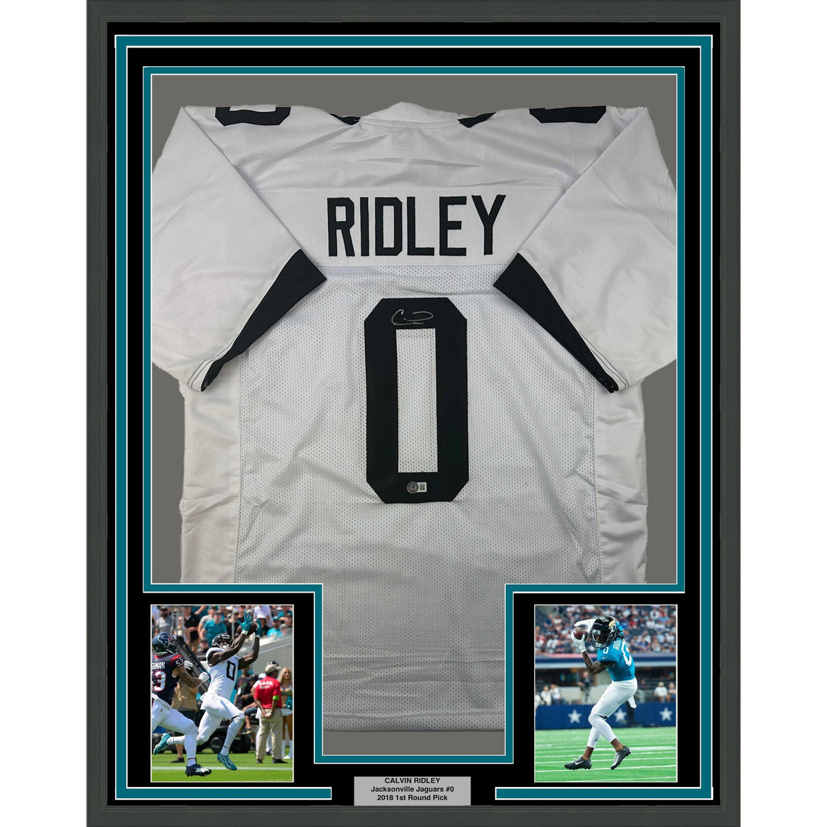 Framed Autographed/Signed Calvin Ridley 35x39 Jacksonville White Football Jersey Beckett BAS COA