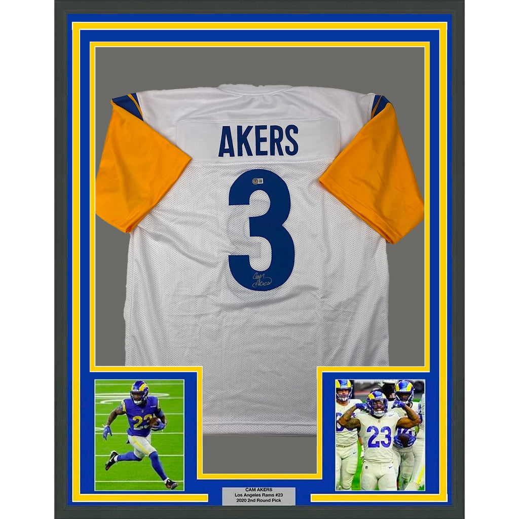 Framed Autographed/Signed Cam Akers 35x39 Los Angeles LA White Football Jersey Beckett BAS COA