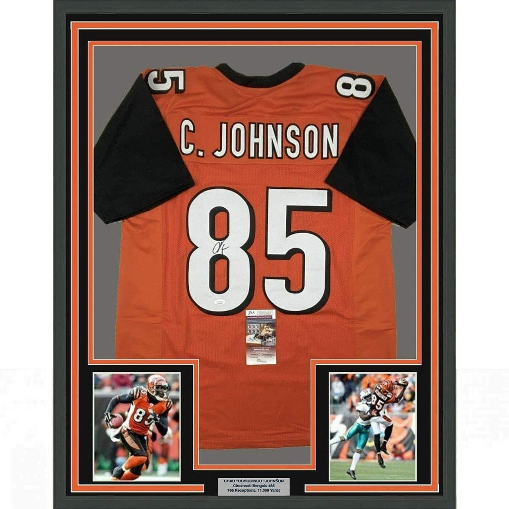 Framed Autographed/Signed Chad Johnson Ochocinco 35x39 Cincinnati Orange Football Jersey JSA COA