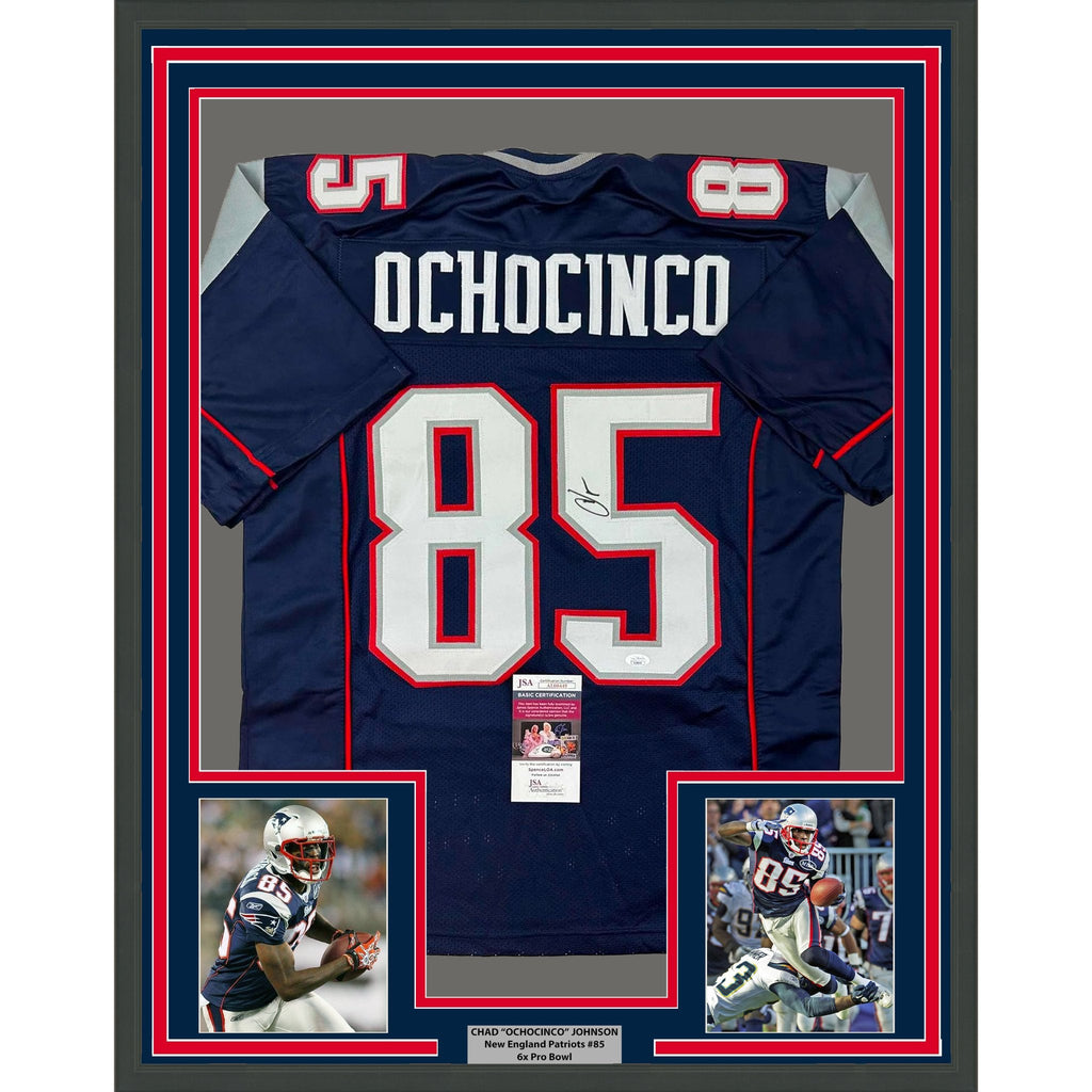 Framed Autographed/Signed Chad Ochocinco (Johnson) 35x39 New England Blue Football Jersey JSA COA