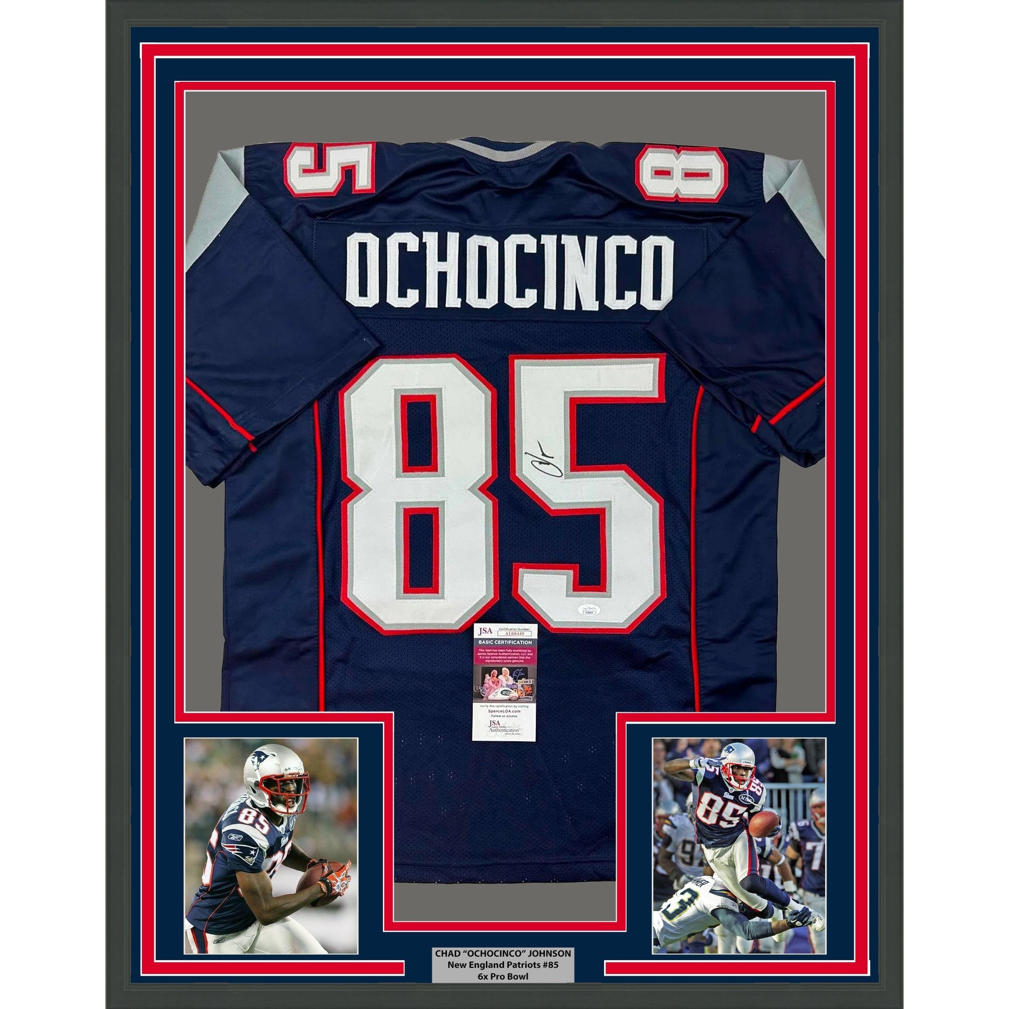 Framed Autographed/Signed Chad Ochocinco (Johnson) 35x39 New England Blue Football Jersey JSA COA