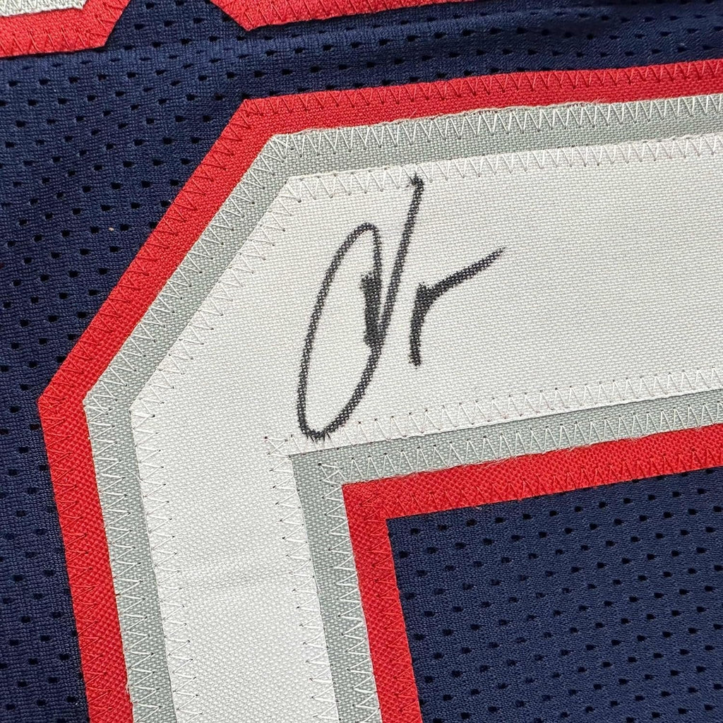 Framed Autographed/Signed Chad Ochocinco (Johnson) 35x39 New England Blue Football Jersey JSA COA