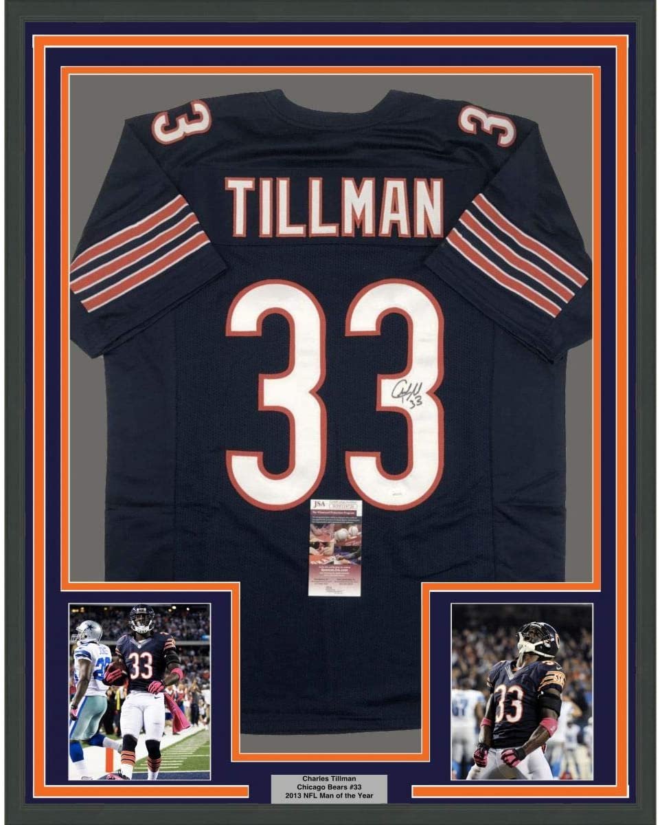 Framed Autographed/Signed Charles Tillman Peanut 35x39 Chicago Blue Football Jersey JSA COA