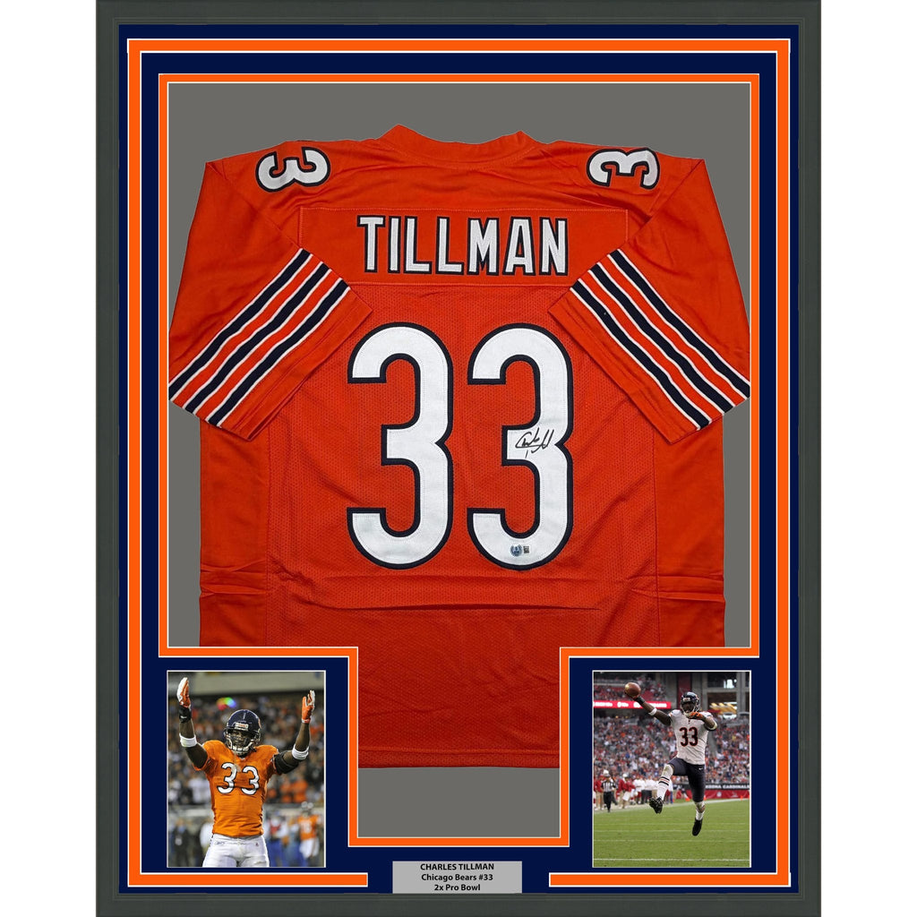 Framed Autographed/Signed Charles Tillman 35x39 Peanut Chicago Orange Football Jersey Beckett BAS COA