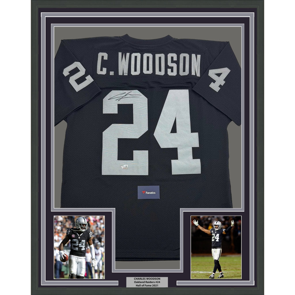 Framed Autographed/Signed Charles Woodson 35x39 Oakland Raiders Black Mitchell & Ness Football Jersey Fanatics COA