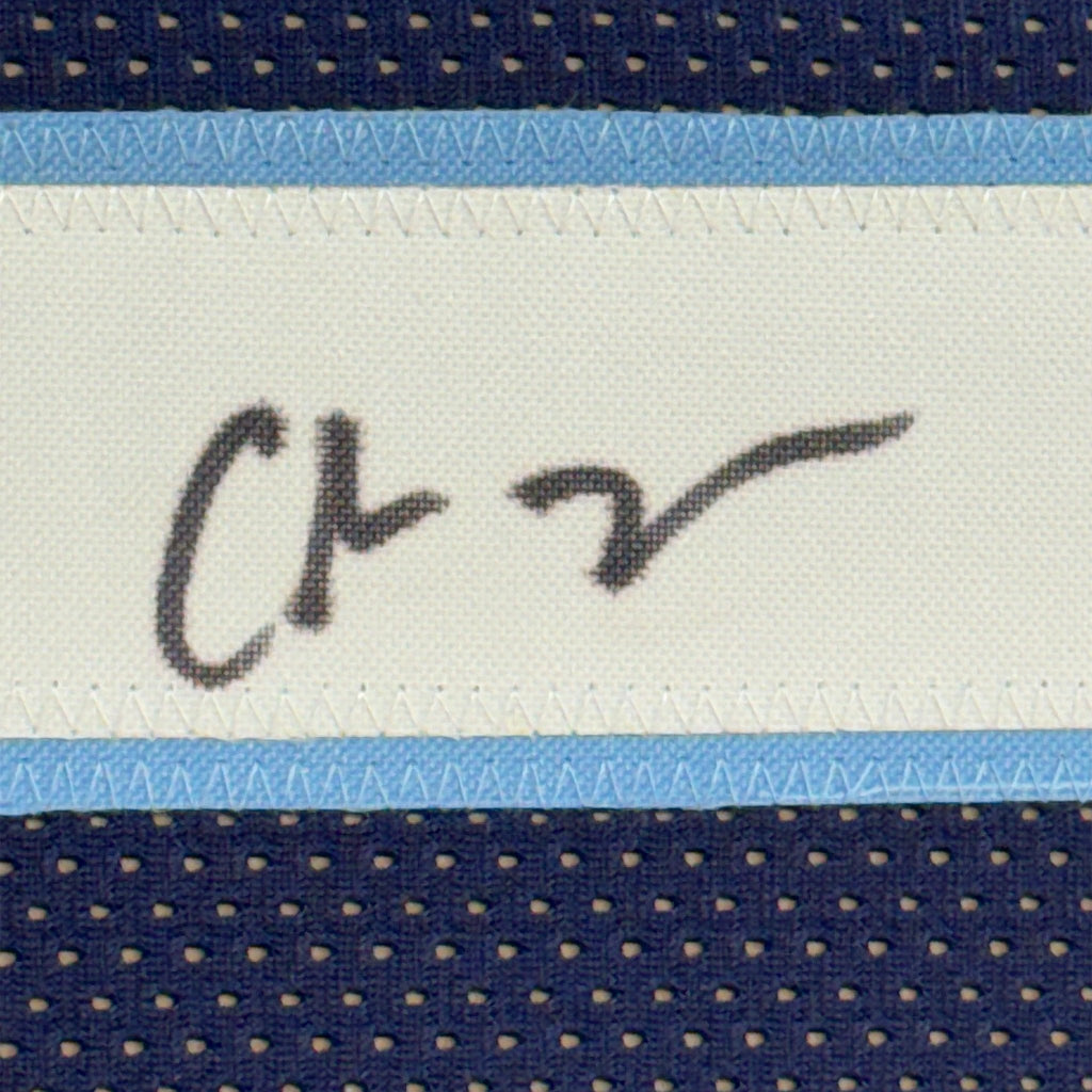 Framed Autographed/Signed Chris Johnson 35x39 Tennessee Dark Blue Football Jersey JSA COA