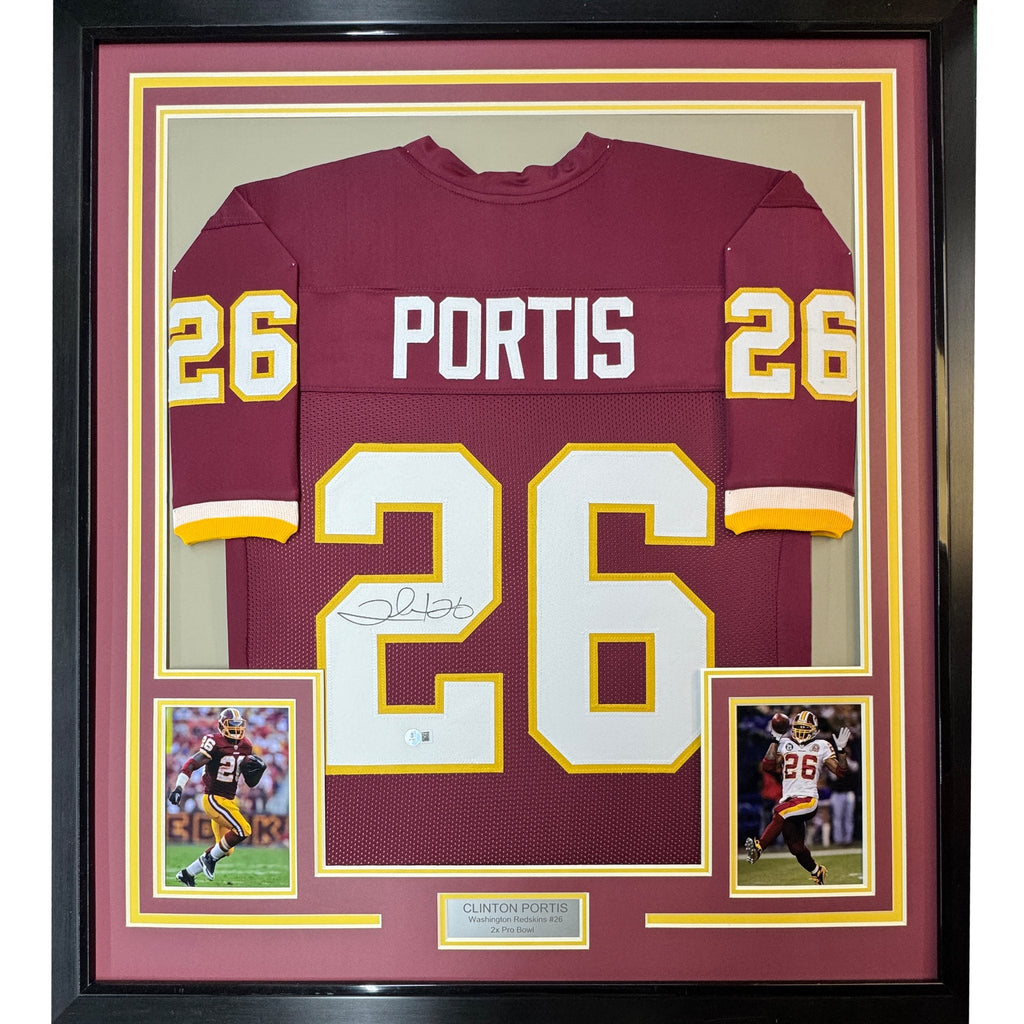 Framed Autographed/Signed Clinton Portis 35x39 Washington Burgundy Football Jersey Beckett BAS COA