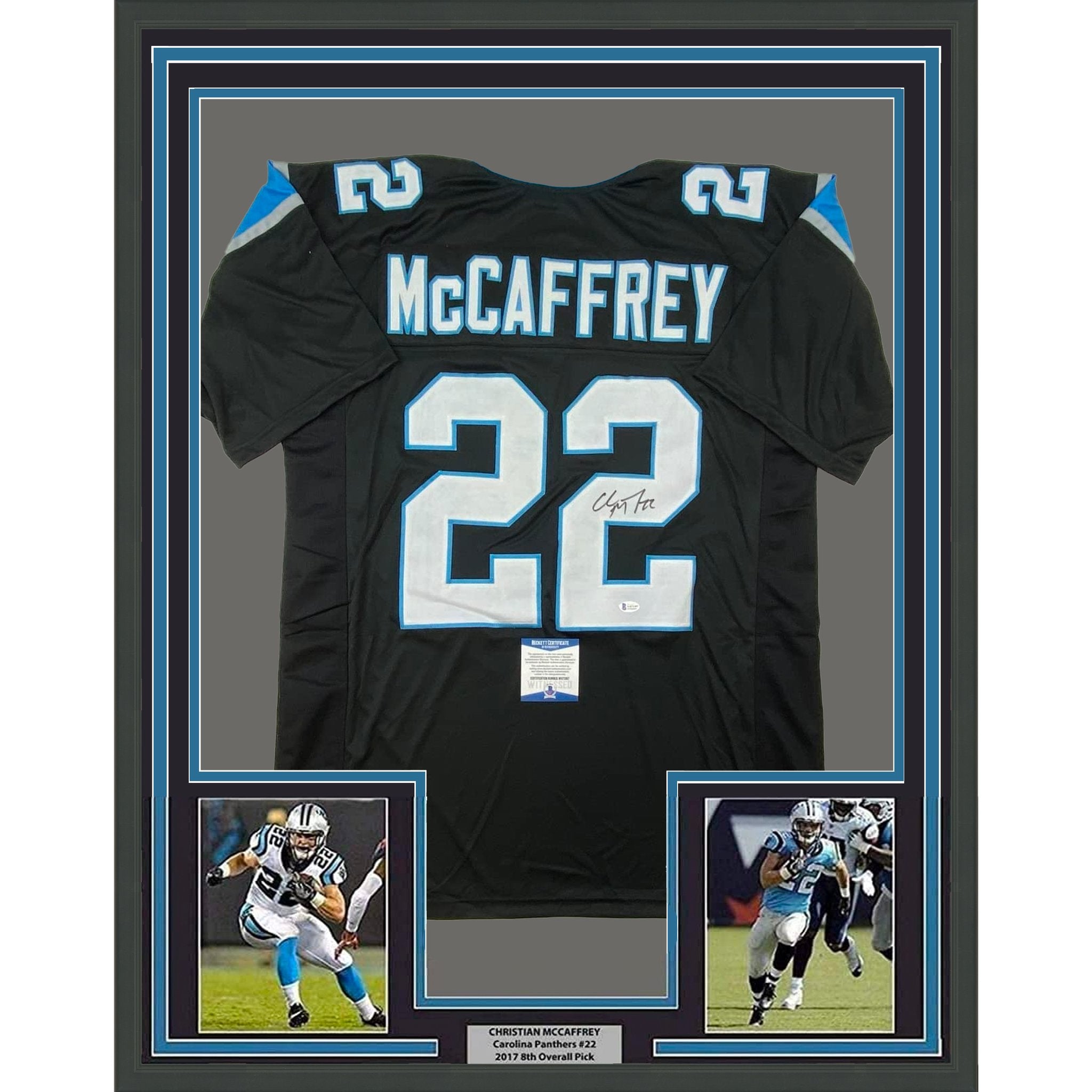 Framed Autographed/Signed Christian McCaffrey 35x39 Carolina Black Football Jersey Beckett BAS COA