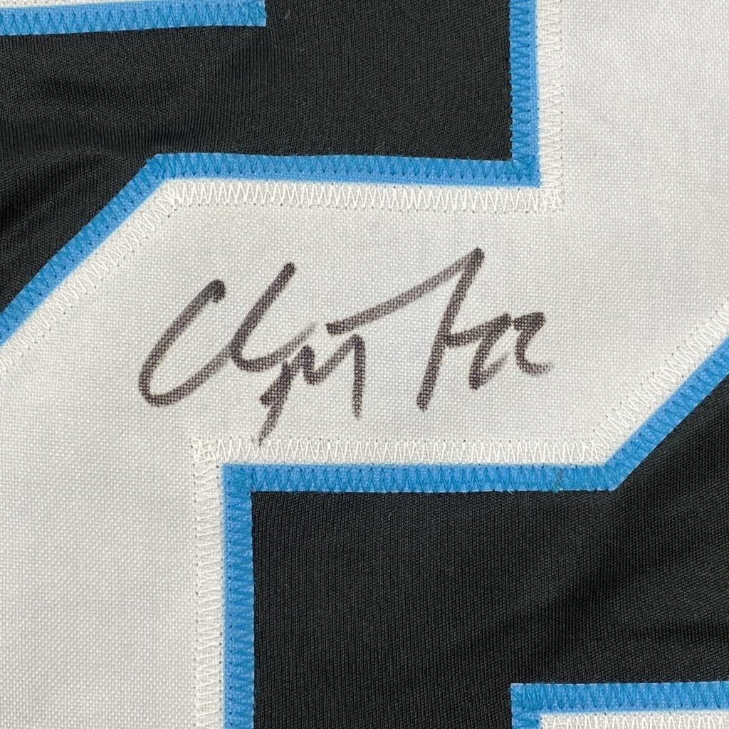 Framed Autographed/Signed Christian McCaffrey 35x39 Carolina Black Football Jersey Beckett BAS COA