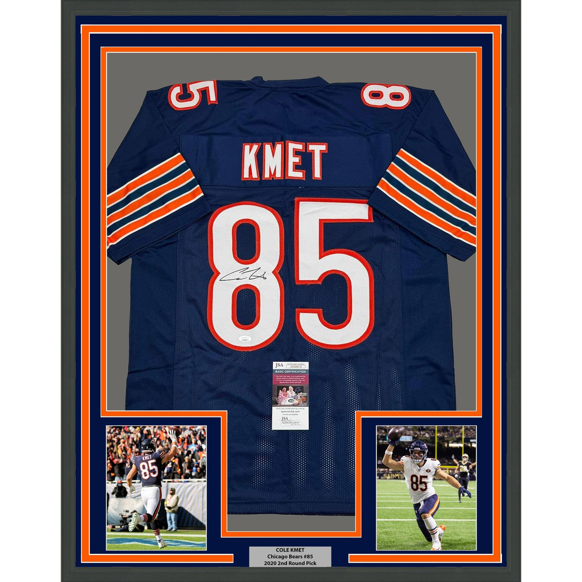 Framed Autographed/Signed Cole Kmet 35x39 Chicago Blue Football Jersey JSA COA