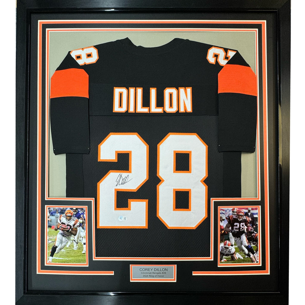 Framed Autographed/Signed Corey Dillon 35x39 Cincinnati Black Football Jersey Beckett BAS COA