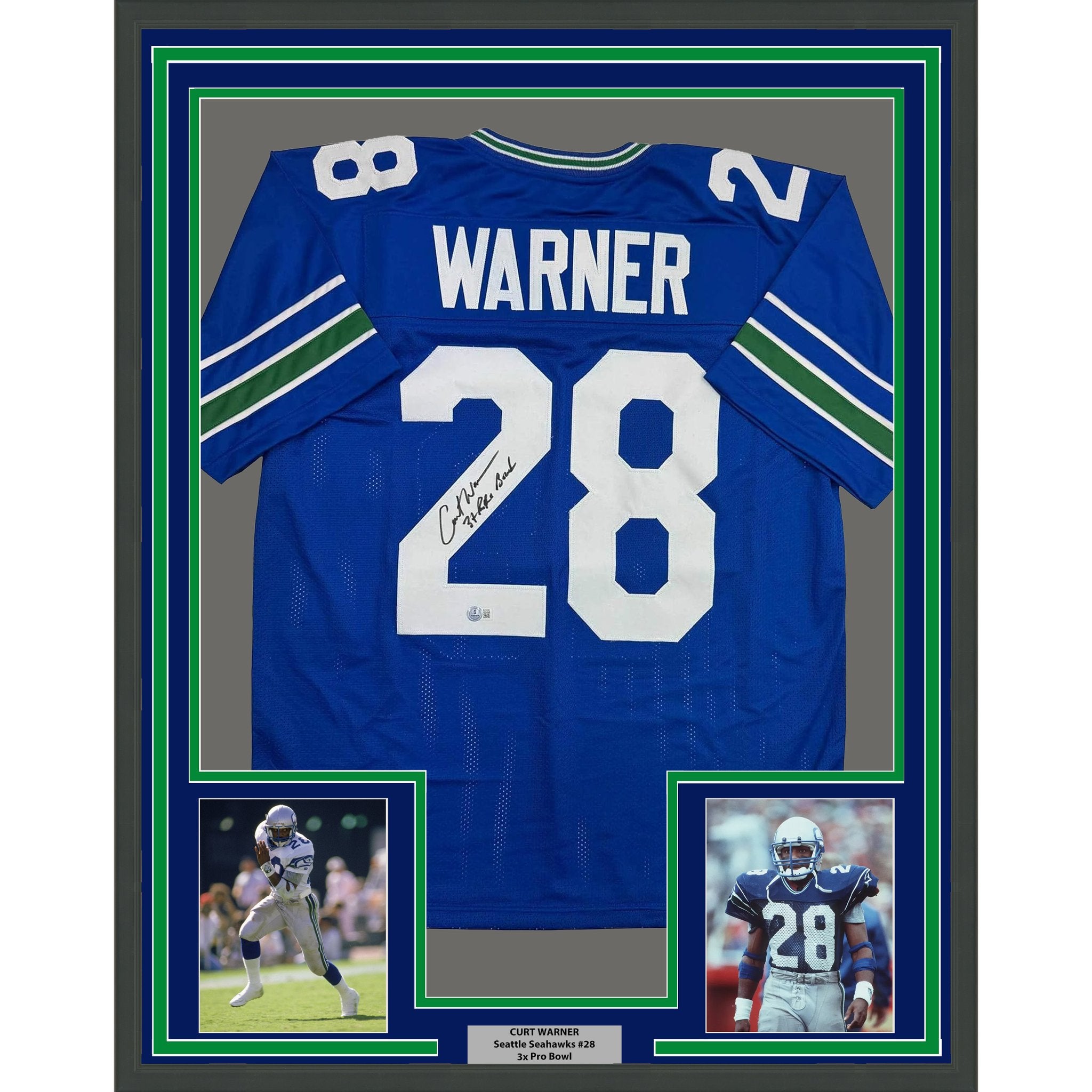 Framed Autographed/Signed Curt Warner 35x39 "3x Pro Bowl" Seattle Blue Retro Football Jersey Beckett BAS COA