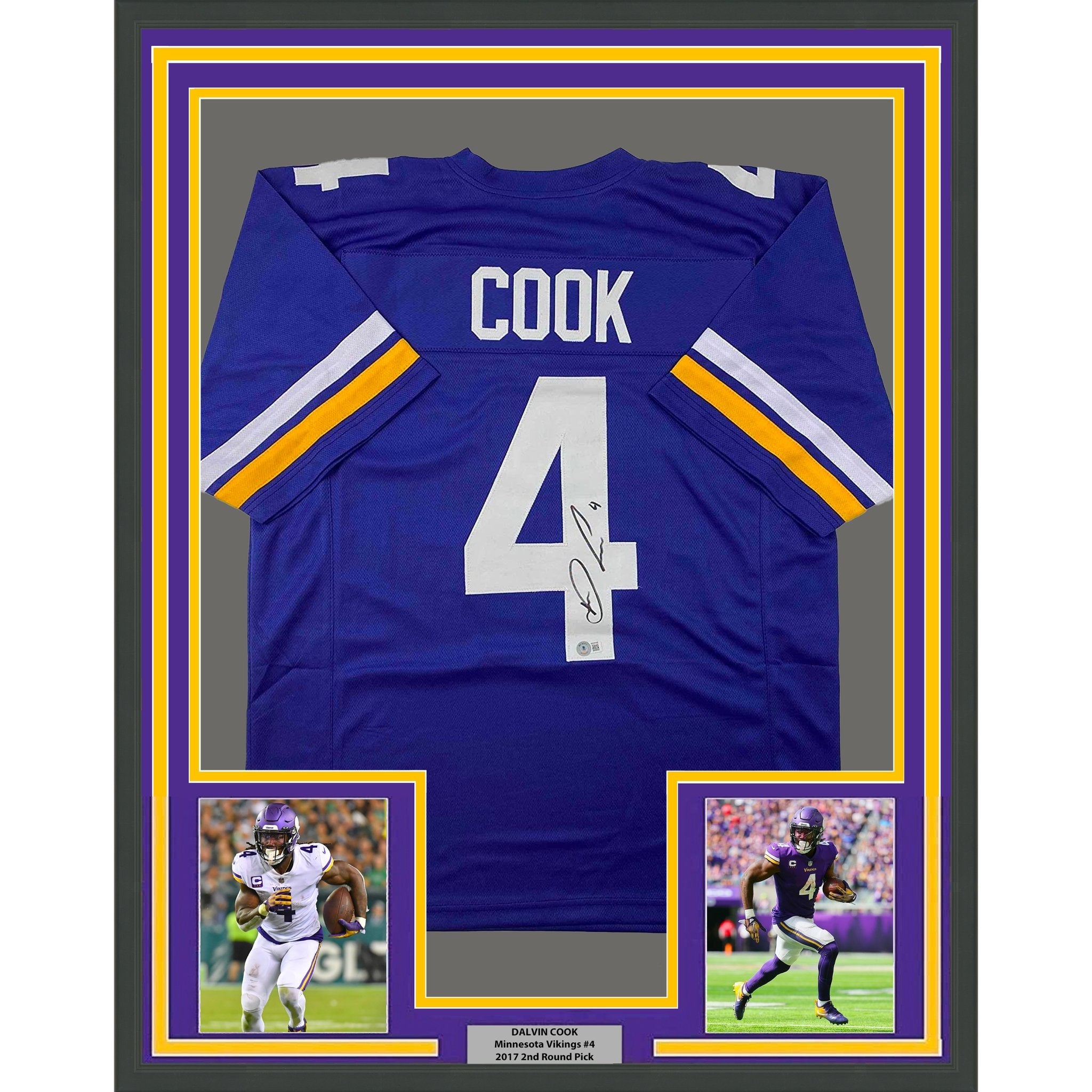 Framed Autographed/Signed Dalvin Cook #4 35x39 Minnesota Purple Football Jersey Beckett BAS COA