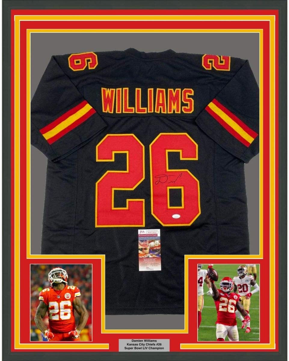 Framed Autographed/Signed Damien Williams 35x39 Kansas City Black Football Jersey JSA COA