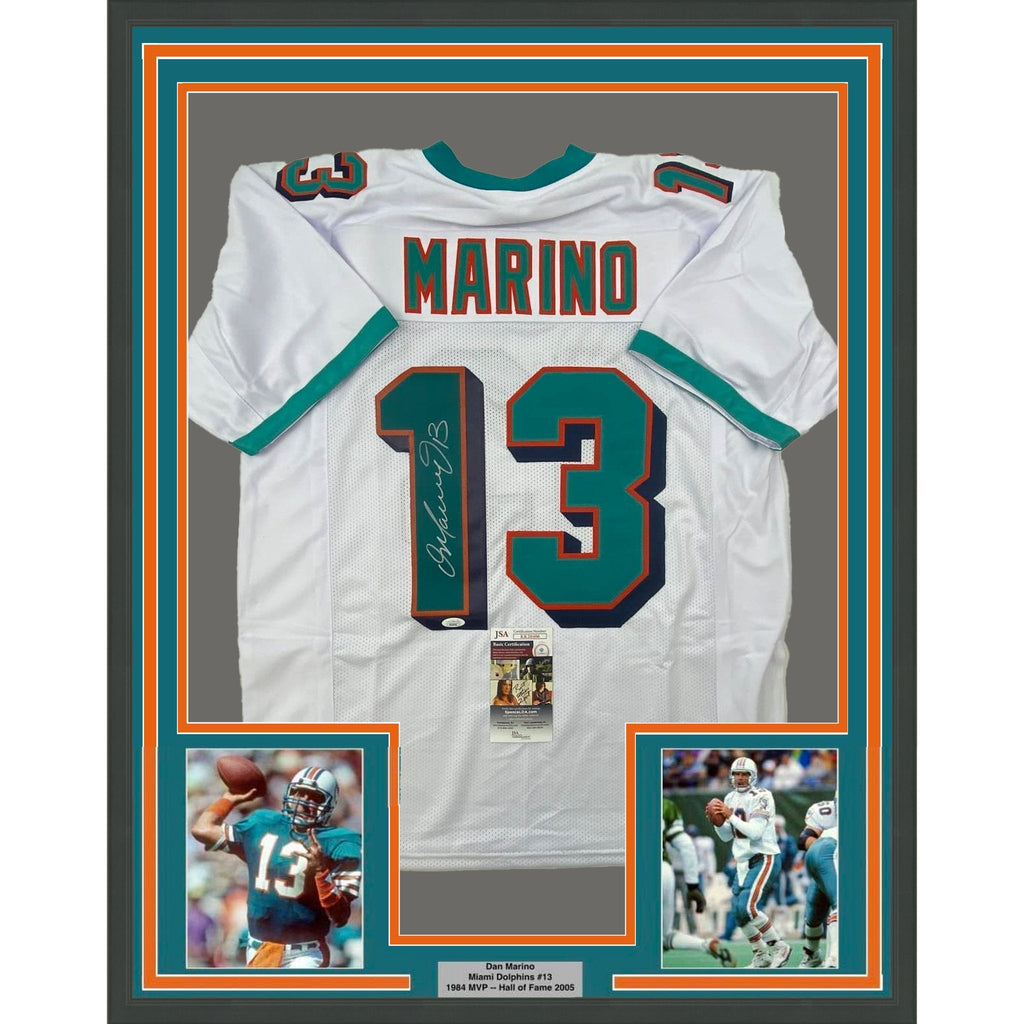Framed Autographed/Signed Dan Marino 35x39 Miami White Football Jersey JSA COA