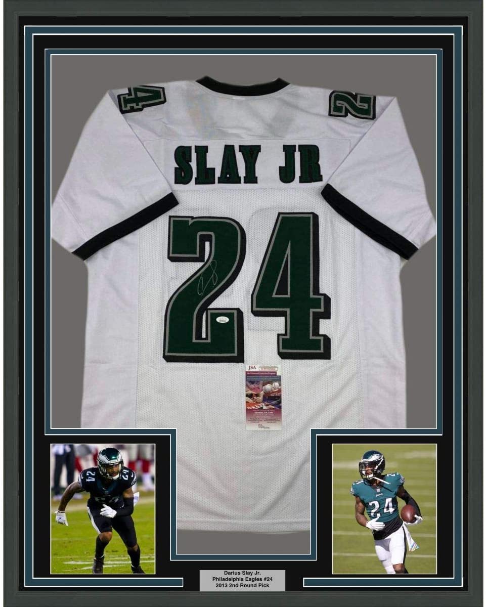 Framed Autographed/Signed Darius Slay Jr. 35x39 Philadelphia White Football Jersey JSA COA