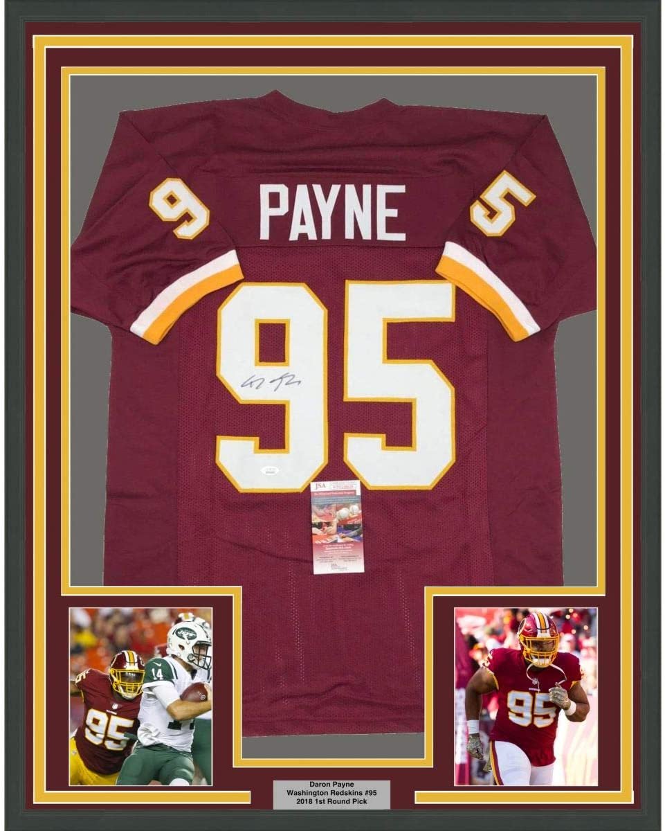 Framed Autographed/Signed Daron Payne 35x39 Washington Burgundy Football Jersey JSA COA