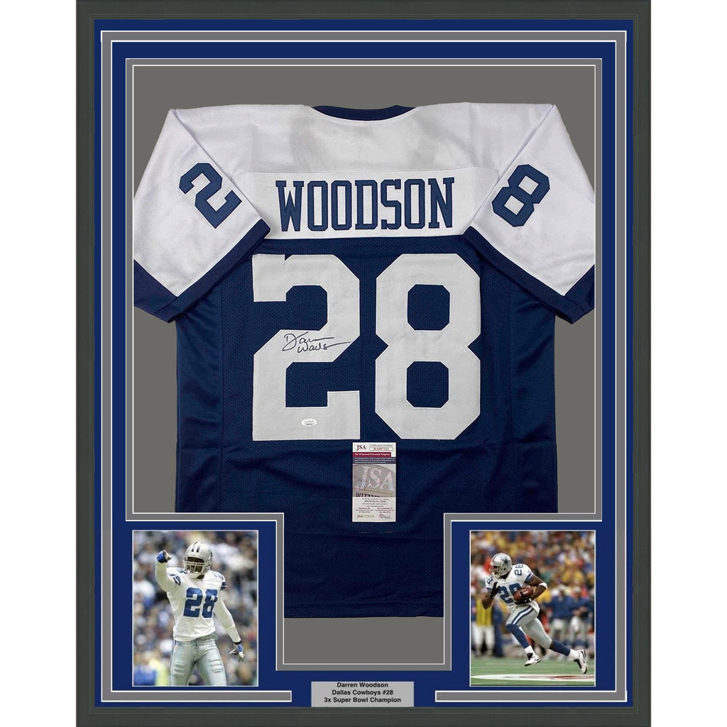 Framed Autographed/Signed Darren Woodson 35x39 Dallas Thanksgiving Day Football Jersey JSA COA