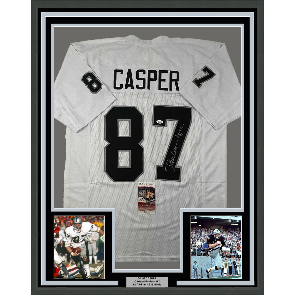 Framed Autographed/Signed Dave Casper 35x39 HOF 02 Oakland Las Vegas White Football Jersey JSA COA
