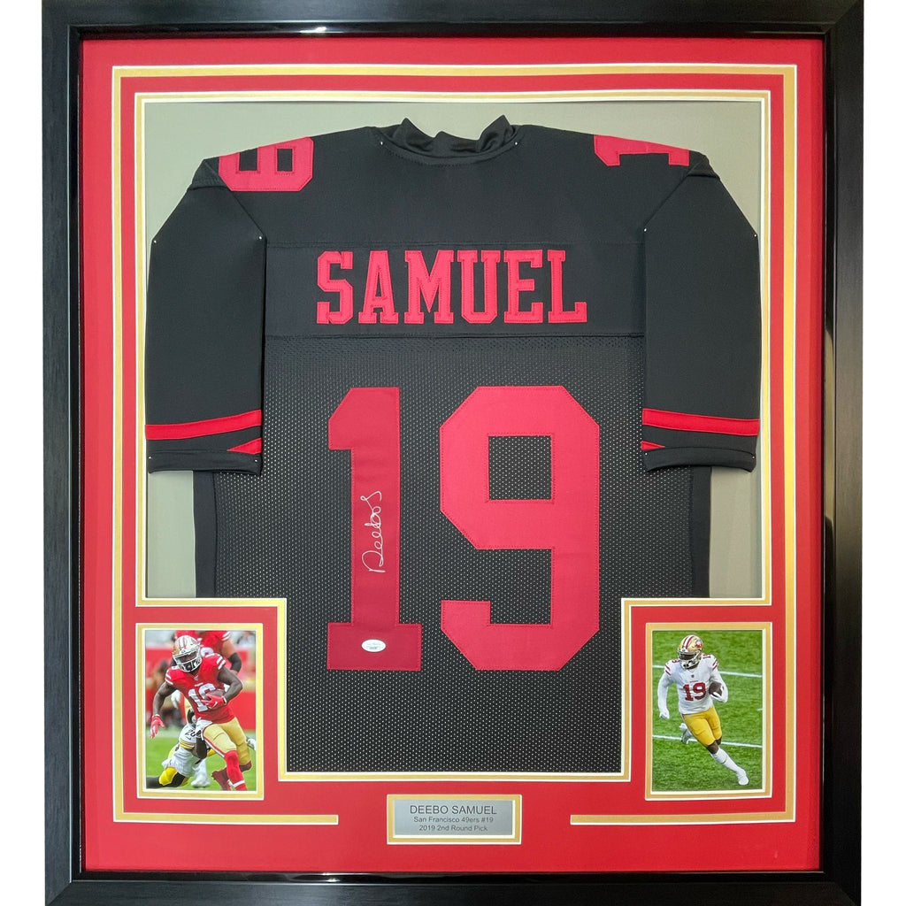 Framed Autographed/Signed Deebo Samuel 35x39 San Francisco Black Football Jersey JSA COA