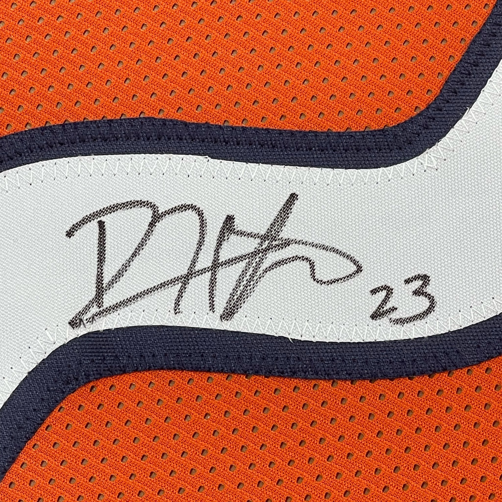 Framed Autographed/Signed Devin Hester 35x39 Chicago Orange Football Jersey JSA COA