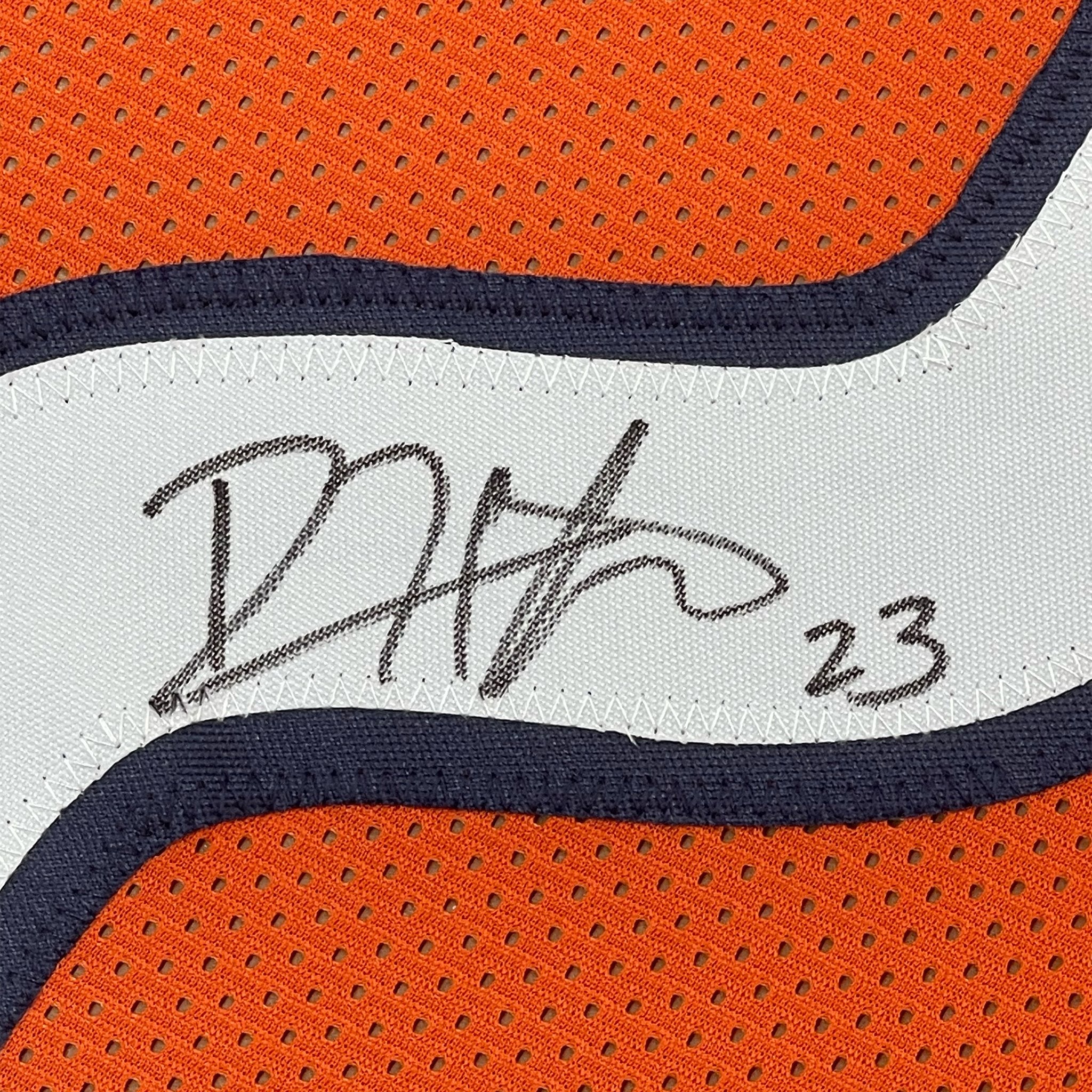 Framed Autographed/Signed Devin Hester 35x39 Chicago Orange Football Jersey JSA COA
