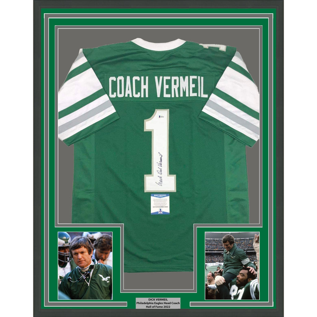 Framed Autographed/Signed Dick Vermeil 35x39 Philadelphia Green Football Jersey JSA COA
