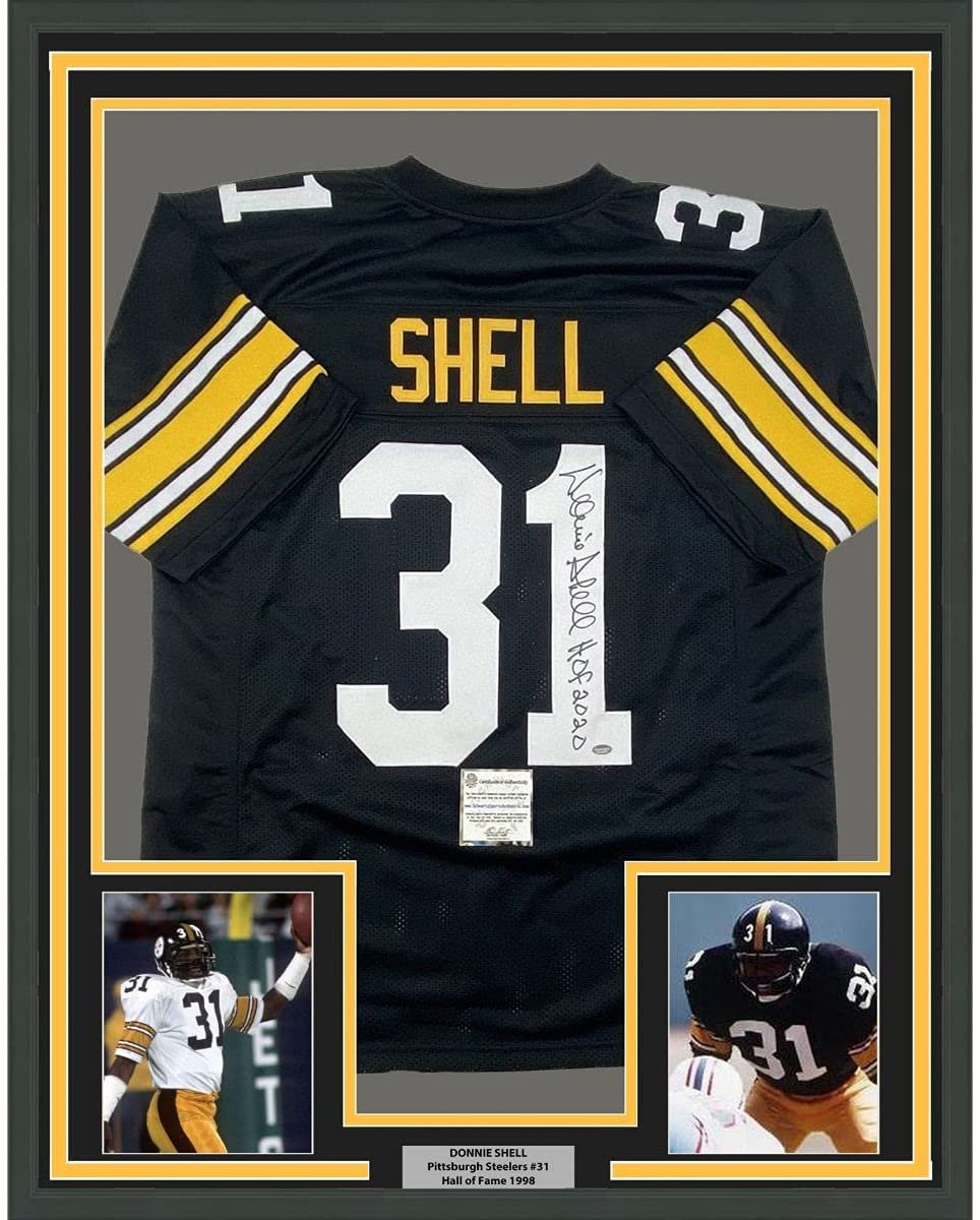 Framed Autographed/Signed Donnie Shell 35x39 HOF 2002 Pittsburgh Black Football Jersey Schwartz Sports COA