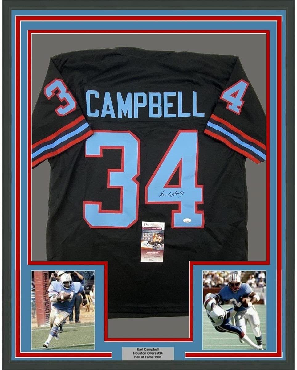 Framed Autographed/Signed Earl Campbell 35x39 Houston Black Football Jersey Beckett BAS COA