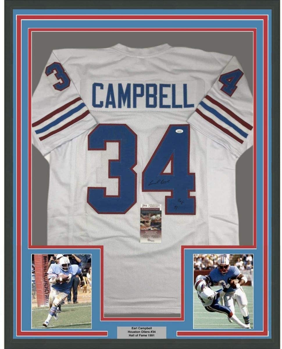 Framed Autographed/Signed Earl Campbell HOF 91 35x39 Houston White Football Jersey JSA COA