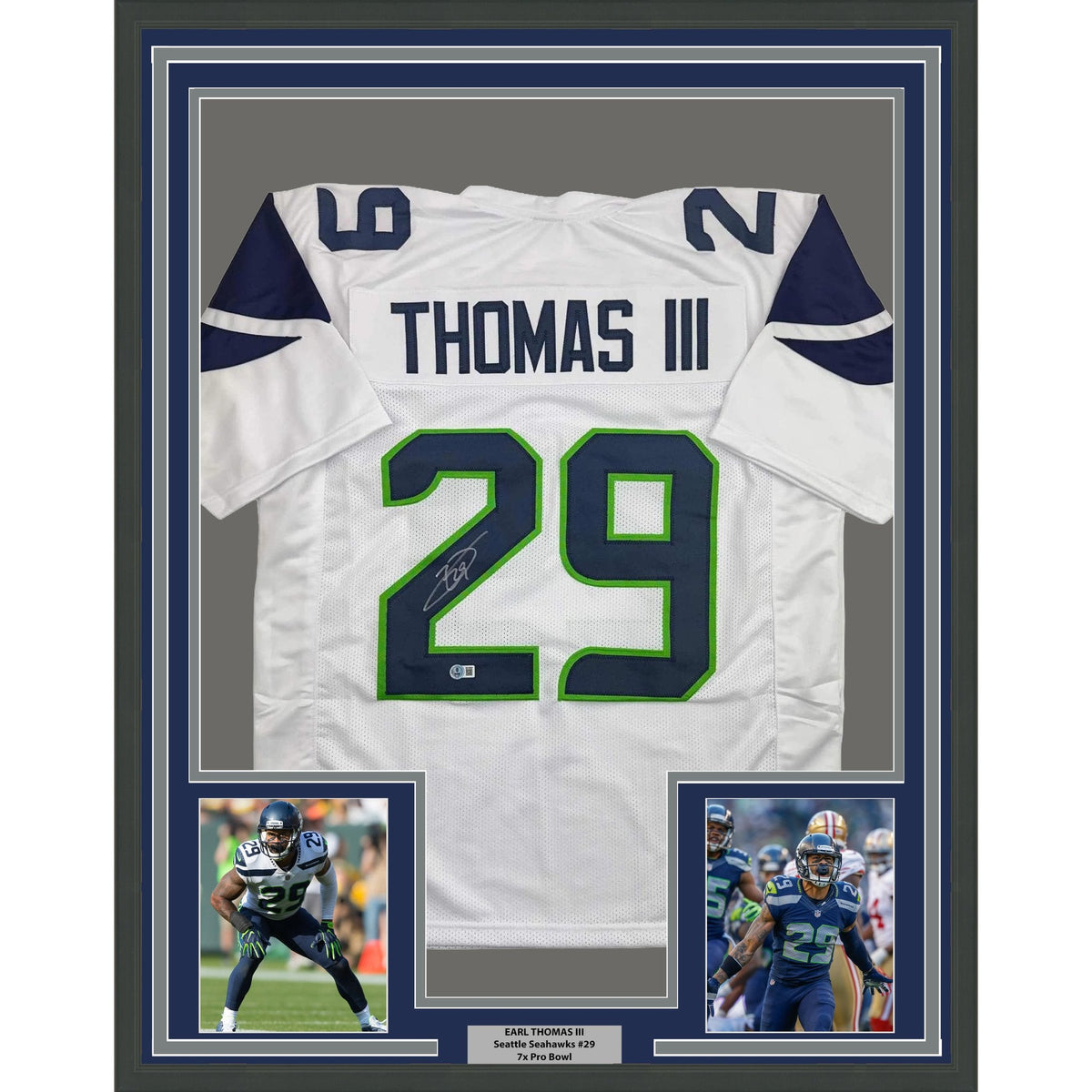 Framed Autographed/Signed Earl Thomas III 35x39 Seattle White Football Jersey Beckett BAS COA