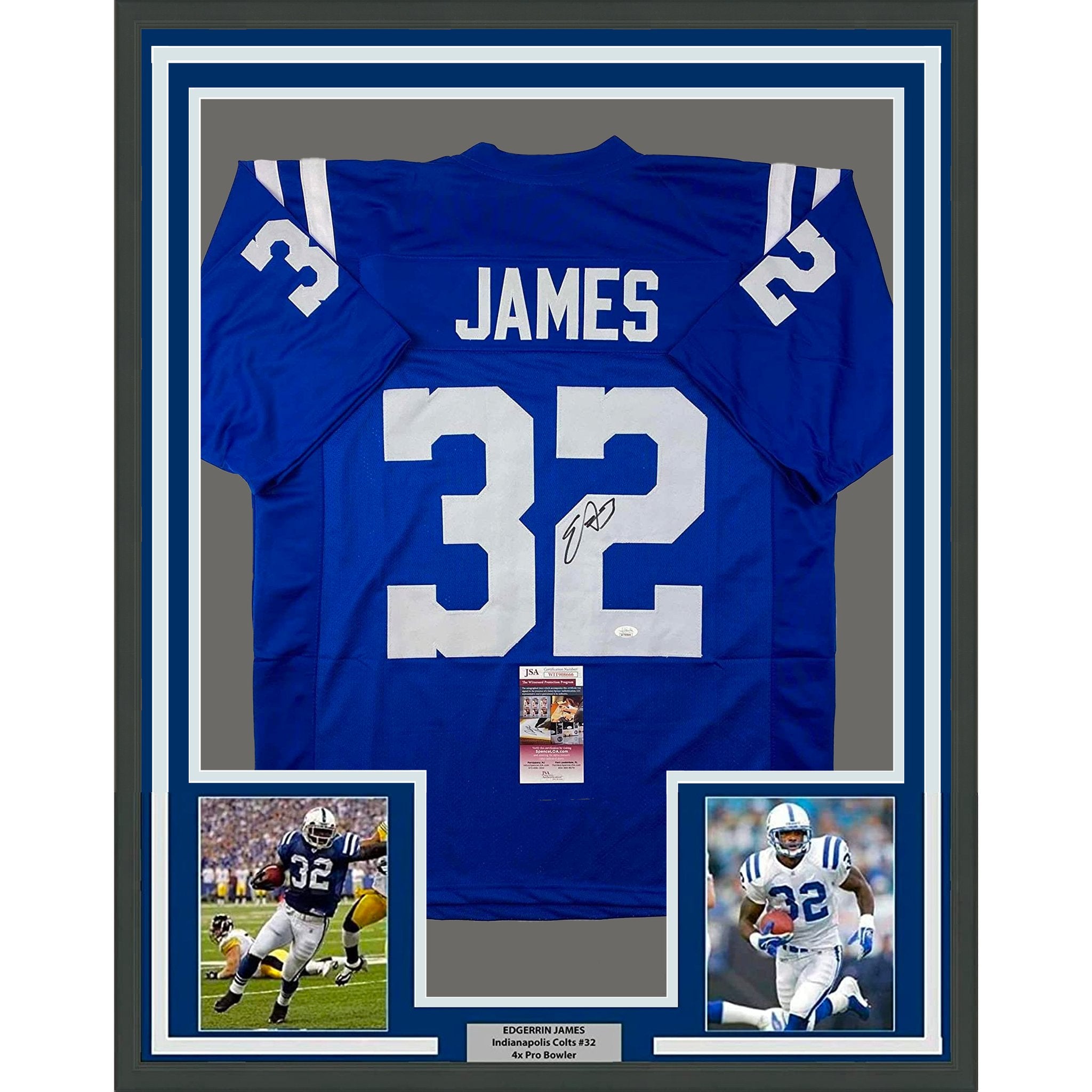 Framed Autographed/Signed Edgerrin James 35x39 Indianapolis Blue Football Jersey JSA COA