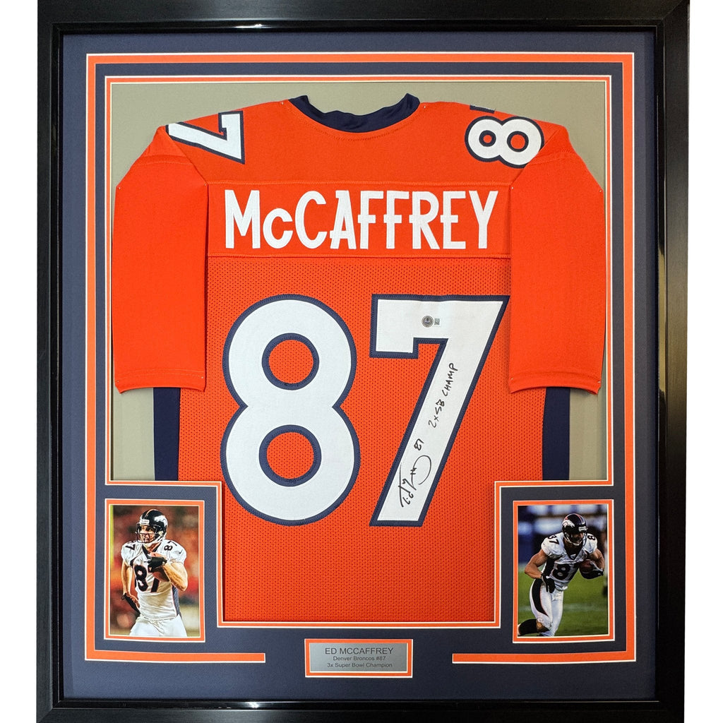 Framed Autographed/Signed Ed McCaffrey 35x39 2x SB Champs Denver Orange Football Jersey Beckett BAS COA