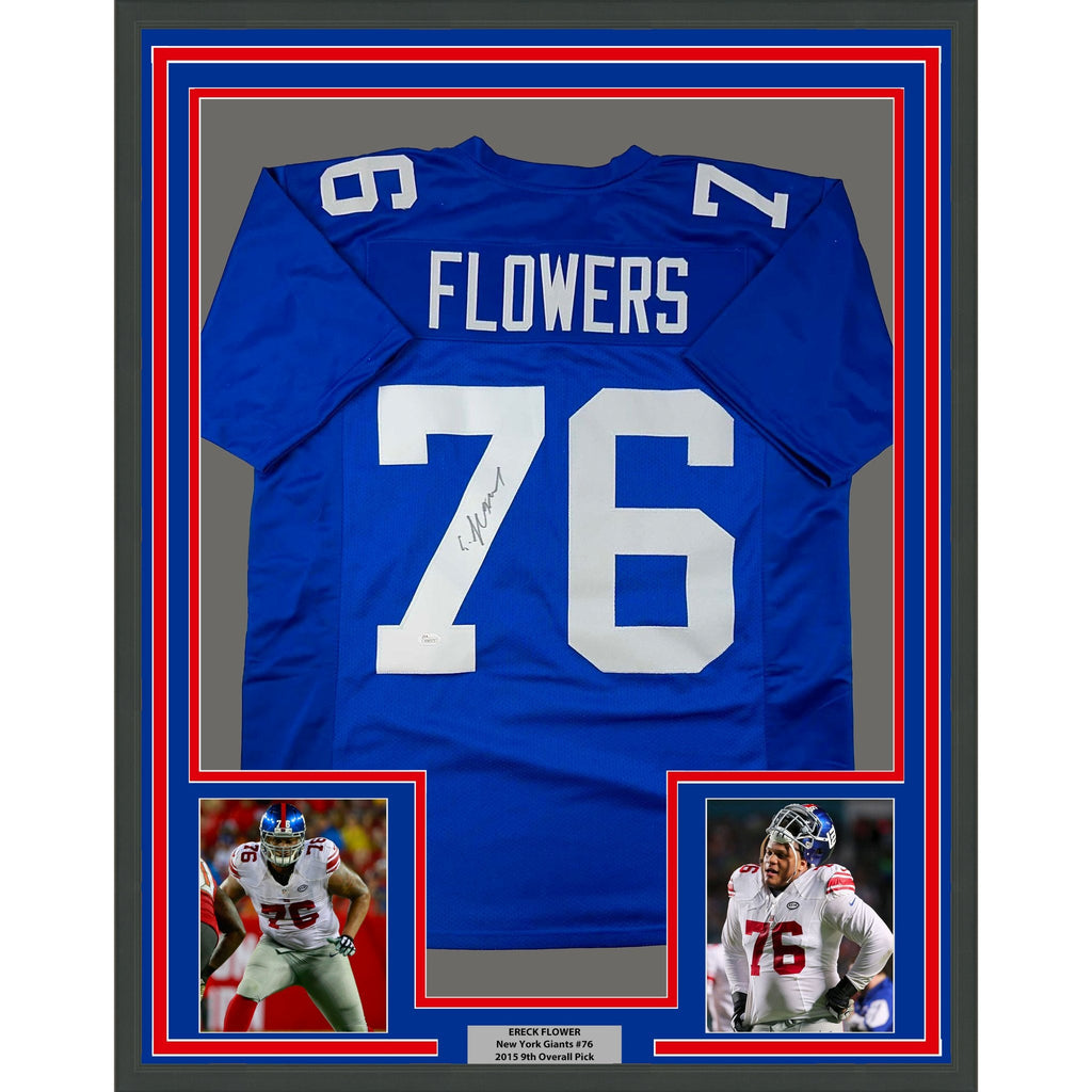Framed Autographed/Signed Ereck Flowers 35x39 New York Blue Football Jersey JSA COA