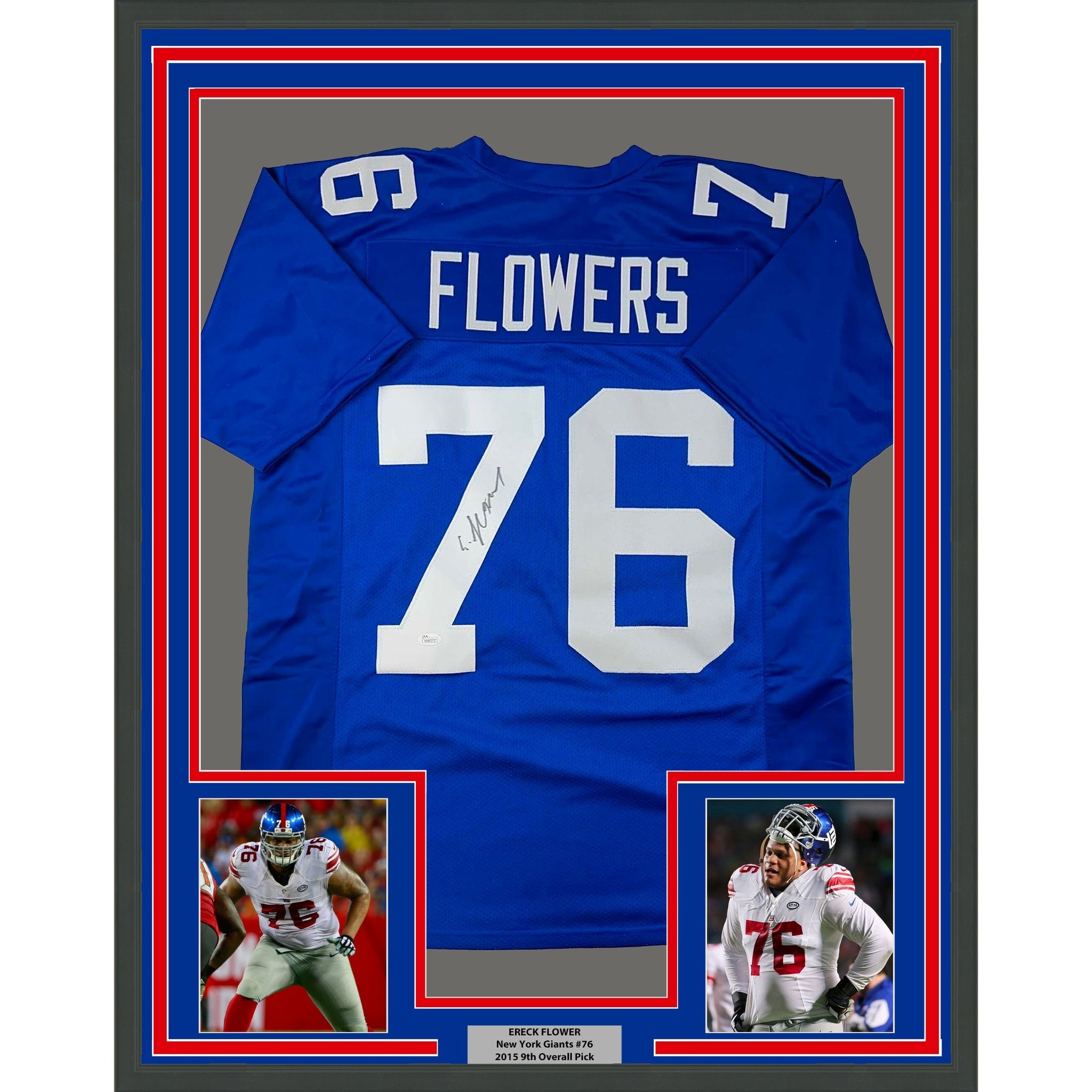 Framed Autographed/Signed Ereck Flowers 35x39 New York Blue Football Jersey JSA COA
