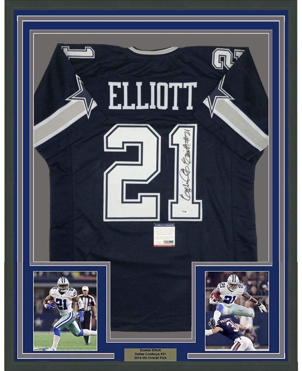 Framed Autographed/Signed Ezekiel Elliott 35x39 Dallas Dark Blue Football Jersey PSA/DNA COA