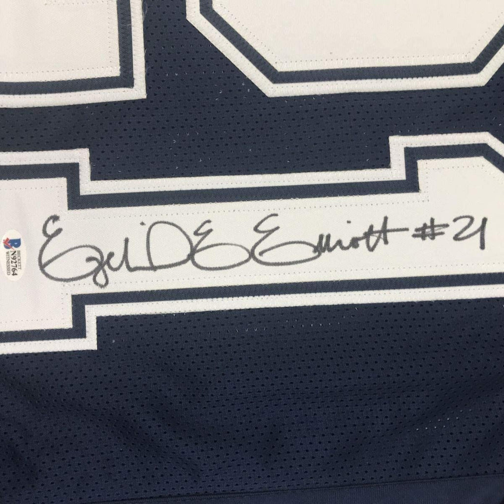 Framed Autographed/Signed Ezekiel Elliott 35x39 Dallas Dark Blue Football Jersey Beckett BAS COA