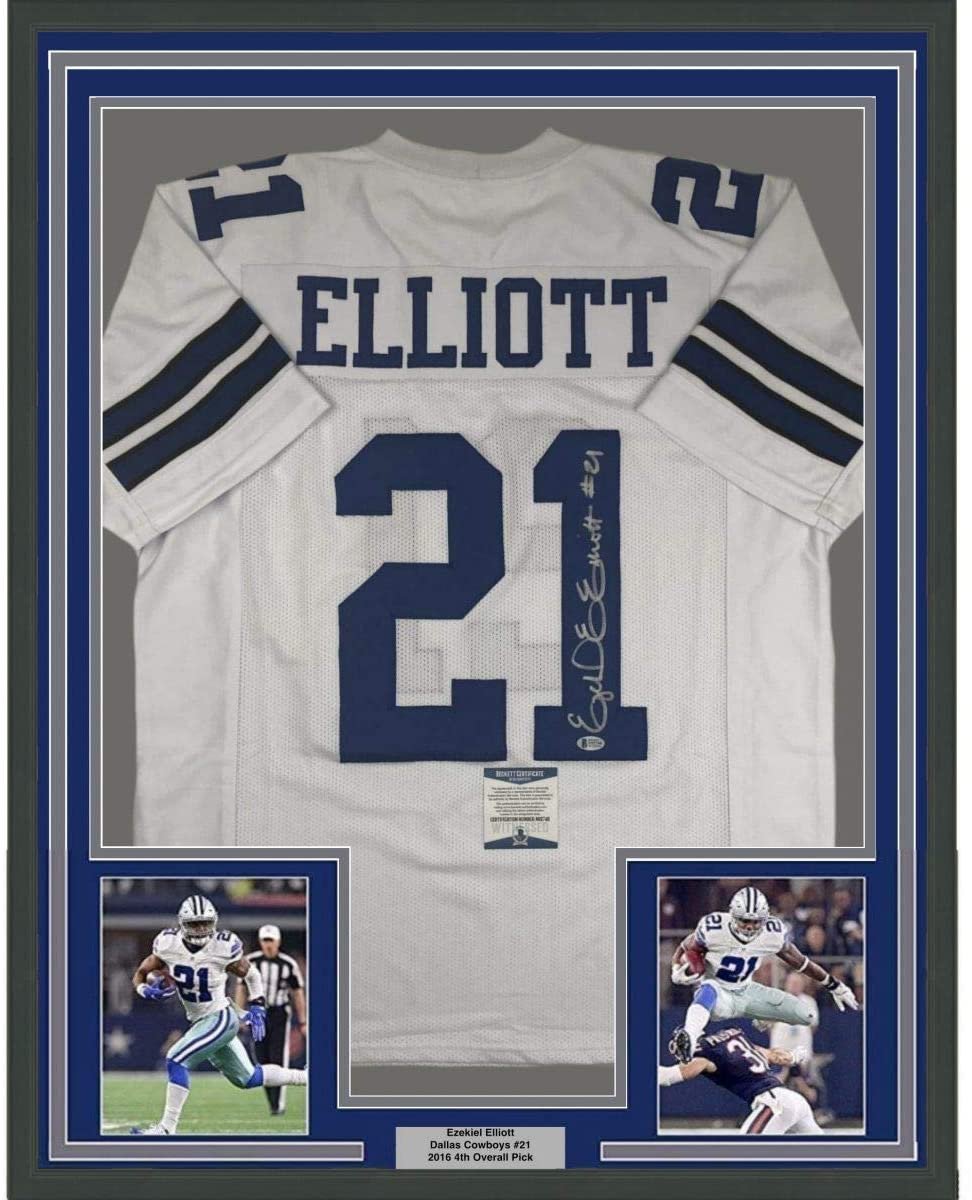 Framed Autographed/Signed Ezekiel Elliott 35x39 Dallas White Football Jersey Beckett BAS COA