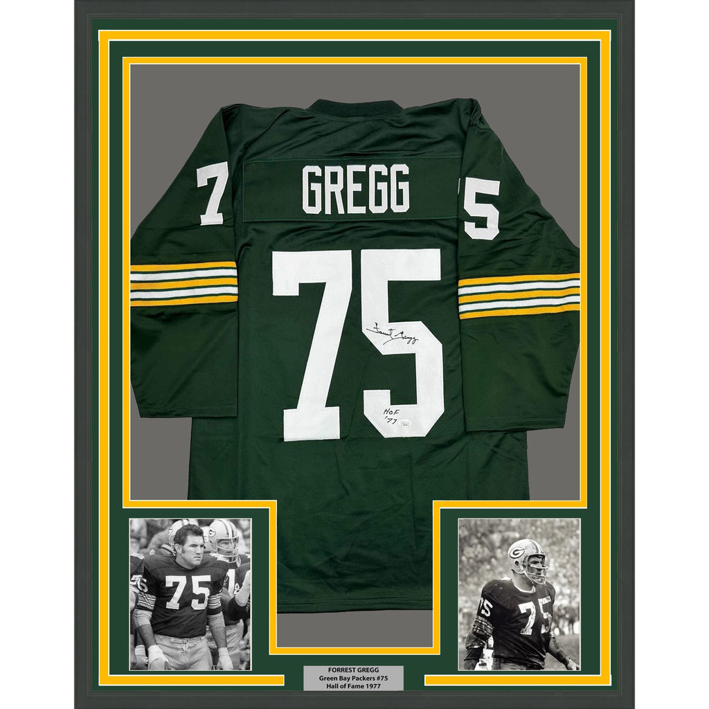 Framed Autographed/Signed Forrest Gregg HOF 77 35x39 Green Bay Green Football Jersey JSA COA