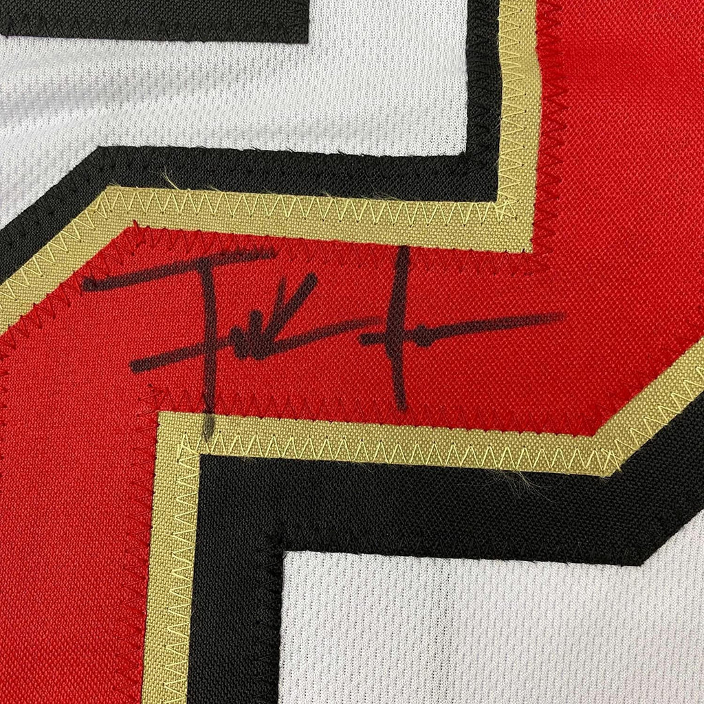 Framed Autographed/Signed Frank Gore 35x39 San Francisco White Retro Football Jersey JSA COA