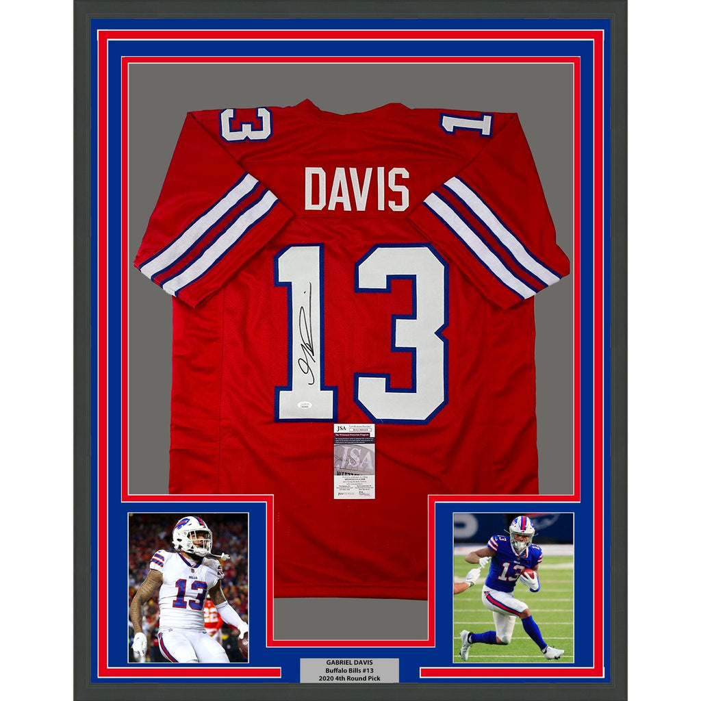 Framed Autographed/Signed Gabriel Gabe 35x39 Davis Buffalo Red Football Jersey Beckett BAS COA
