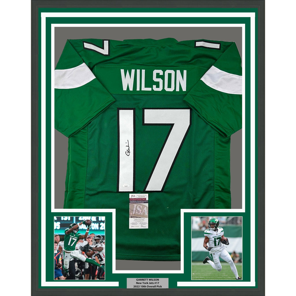 Framed Autographed/Signed Garrett Wilson 35x39 New York Green Football Jersey JSA COA