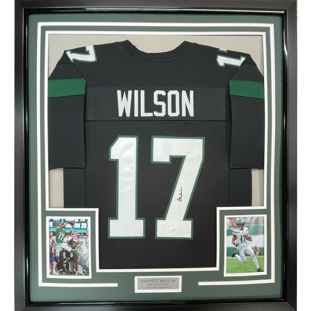 Framed Autographed/Signed Garrett Wilson 35x39 New York Black Football Jersey JSA COA