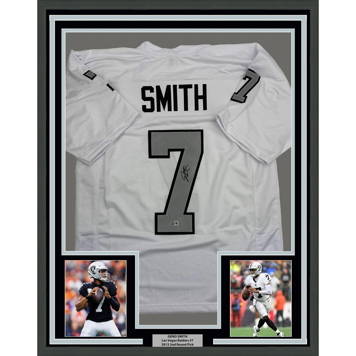 Framed Autographed/Signed Geno Smith 35x39 Oakland White Color Rush Football Jersey Beckett BAS COA