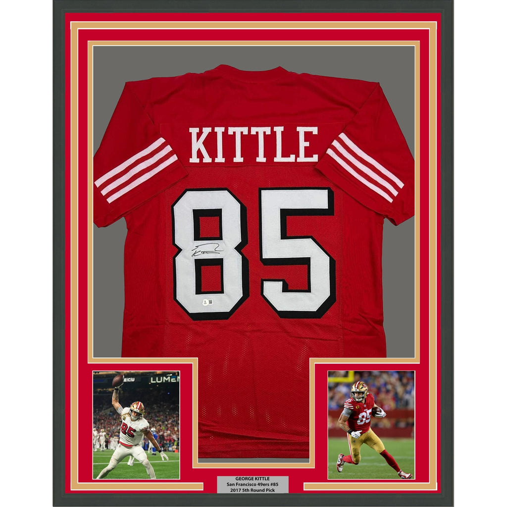 Framed Autographed/Signed George Kittle 35x39 San Francisco Red Alternate Football Jersey Beckett BAS COA