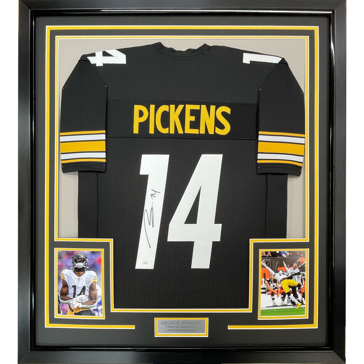 Framed Autographed/Signed George Pickens 35x39 Pittsburgh Black Football Jersey JSA COA